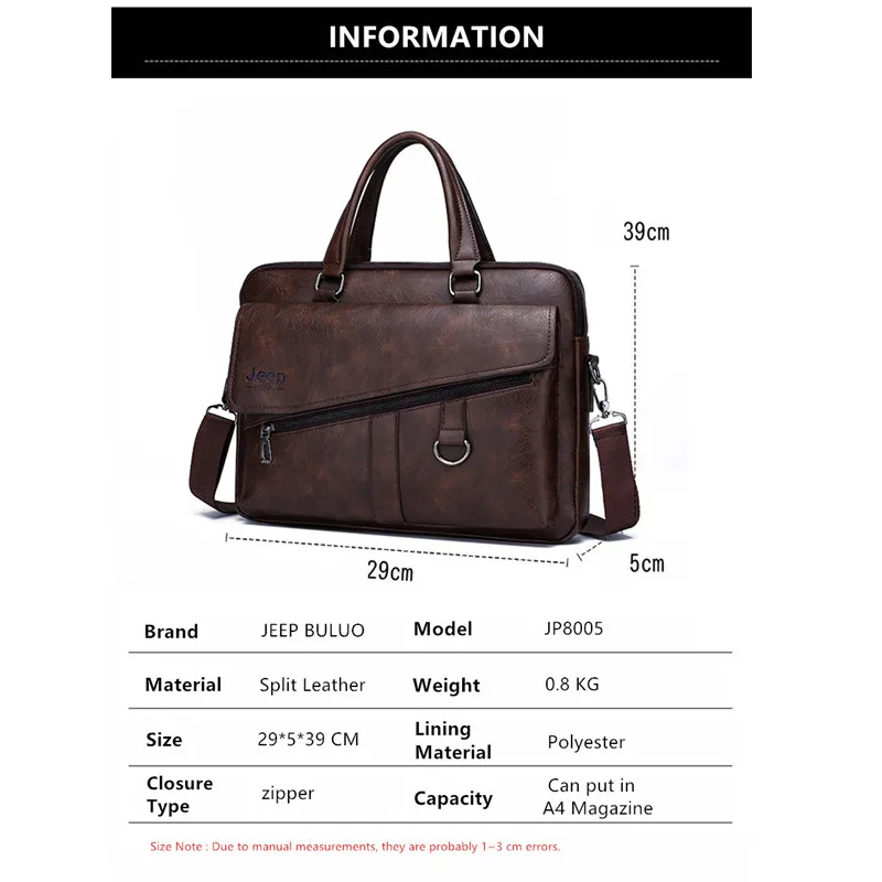 JEEP BULUO New Men Briefcase Split Leather Laptop Bag 14