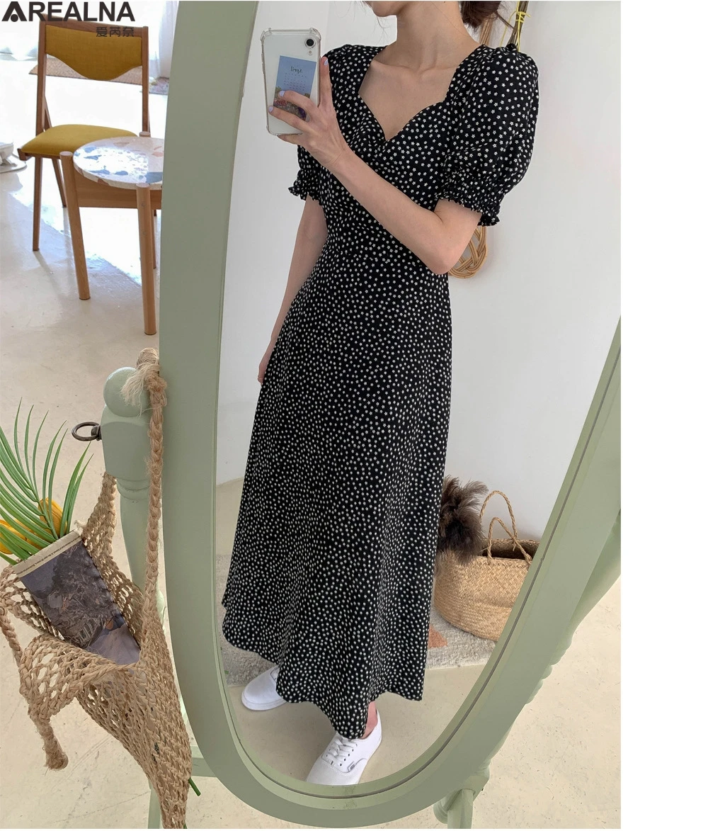 

2021 new Summer Floral Print Women Long Dress Elegant V-neck puff Sleeve Korean fashion Ladies A-line Dresses Vetidos robe femme