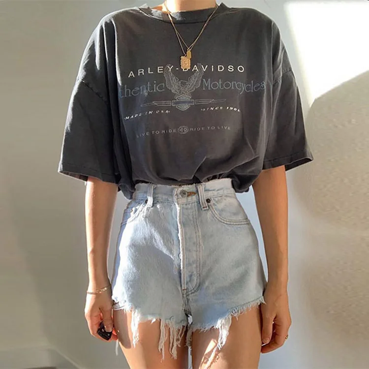 

Футболка женская с круглым вырезом, модная Повседневная Базовая свободная серая рубашка с рукавами 5 точек и надписью, размера плюс, на лето