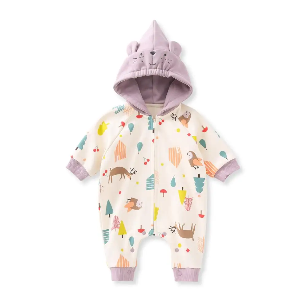 

Pureborn Newborn Baby Jumpsuit Cartoon Hooded Baby Clothes Spring Autumn Cotton Long Sleeve Baby Romper Zip-up Colorful