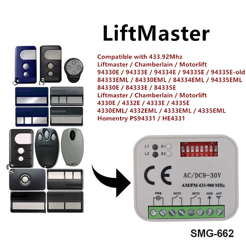 

Garage Receiver For Liftmaster chamberlain 94333E 94335E 94333EML 94335EML Motorlift 84335EML 84330EML 84333EML 433MHz Remotes