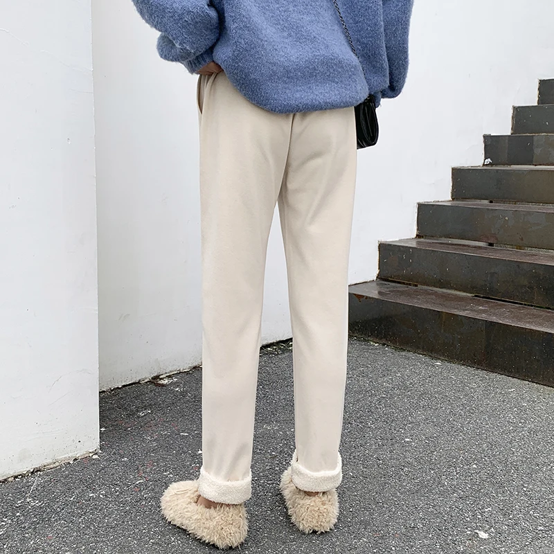 

XIBUSANA Autumn Winter Woolen Cloth Pants Women Elastic Waist Pockets Female Harem Pant Elegant Warm Solie Color Trousers Lady