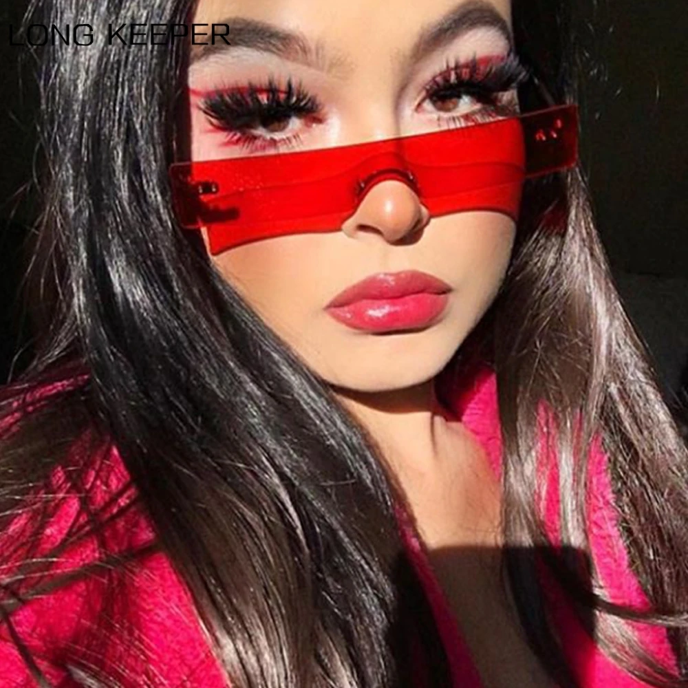 

LongKeeper Rimless Sunglasses Women Men Luruxy Brand Design Small Rectangle Sun Glasses One Piece Eyeglasses For Female UV400