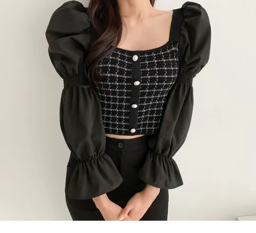 Женская шикарная рубашка в французском ретро-стиле трикотажная стиле пэчворк