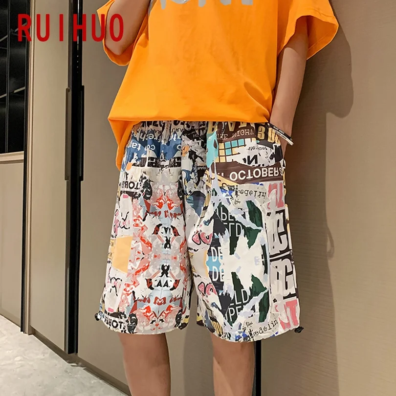 

RUIHUO Hip Hop Printed Mens Shorts Summer Cotton Casual Long Shorts Men Clothing M-5XL 2021 New Arrivals