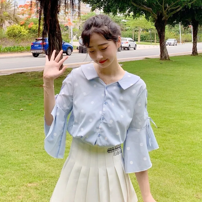 Повседневная Свободная рубашка в стиле ретро с волнистыми точками и коротким