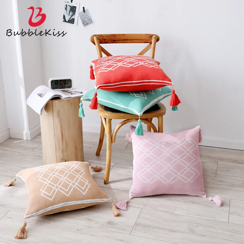

Bubble Kiss 2020 Knitting Tassel Design Pillow Cover Simple Geometric Pattern Pillowcase For Sofa Kids Room Bedside Pillow Case