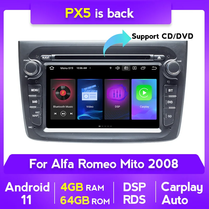 4G+64G Android 11 WI-FI For ZQ Alfa Romeo Mito 2008 GPS Navigation SWC Radio Multimedia BT WIFI DSP Car DVD Stereo 7 Inch FM AM