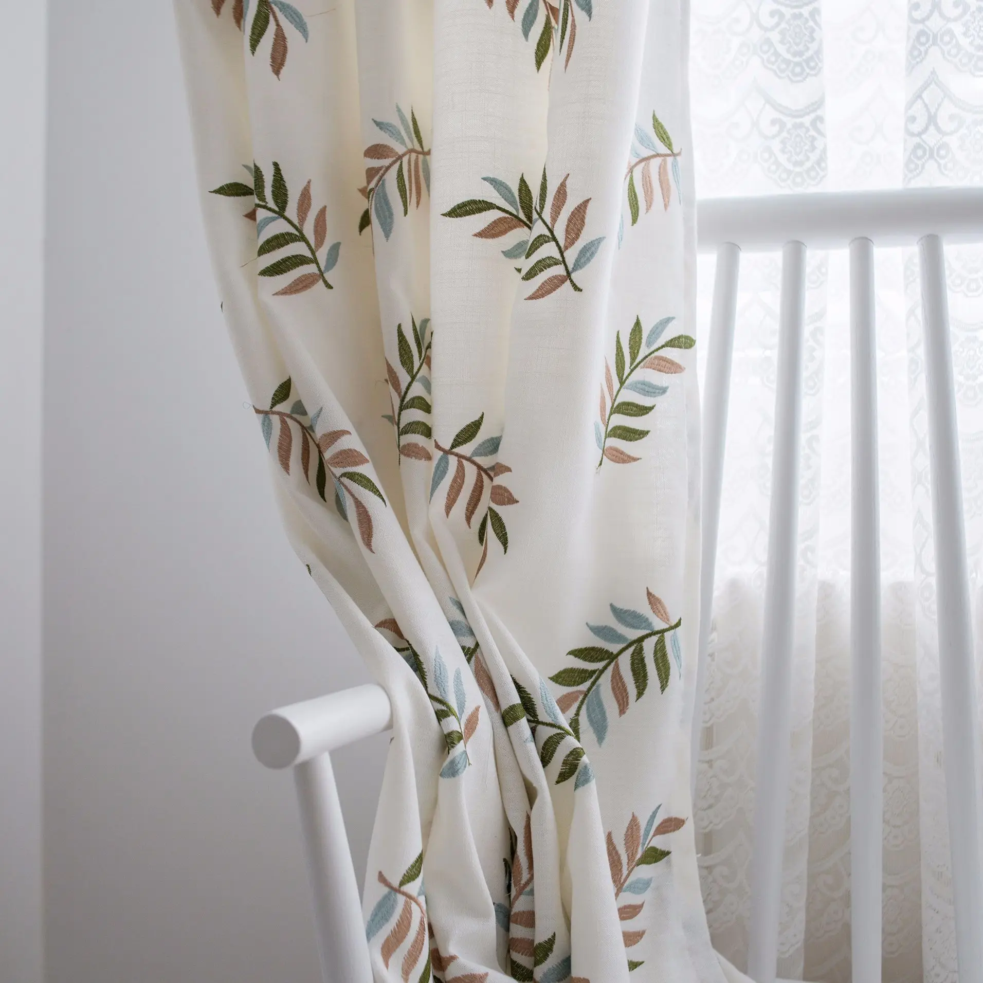 

Modern Curtains for Living Dining Room Bedroom Simple Imitation Cotton Bamboo Cloth Embroidered Window Screen Fabric