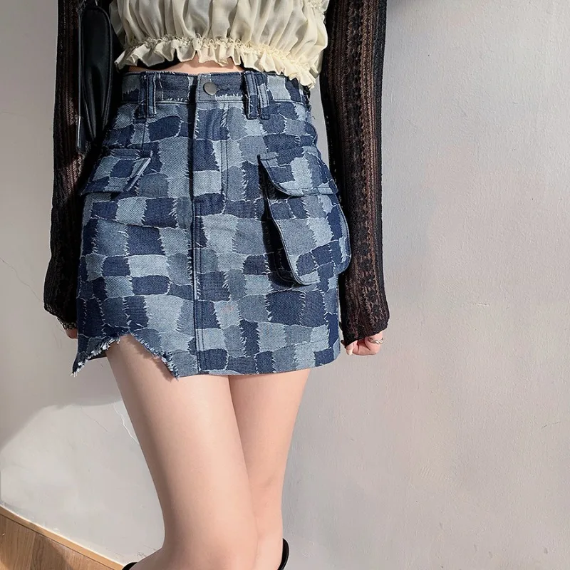 

2020 new summer a-line high waist denim bag hip skirt plaid sexy tight skirt DQ1262