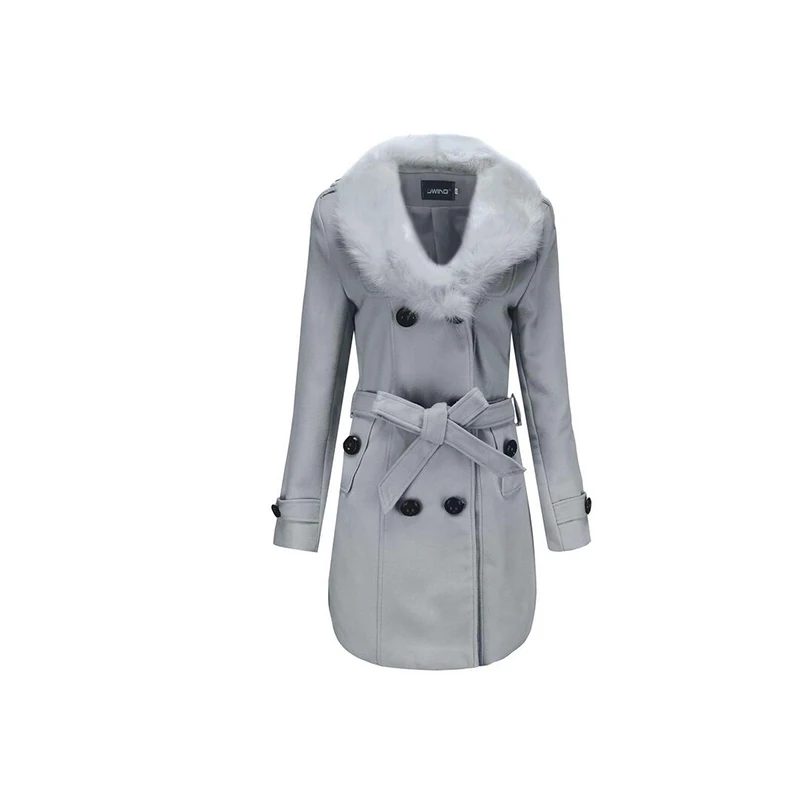 Большие размеры зимнее шерстяное пальто с меховым воротником облегающее