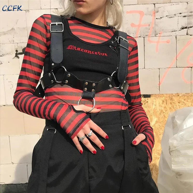 CCFK панк ремень для женщин Techwear эмо гранж E-girl плечевой регулируемые пряжки круги