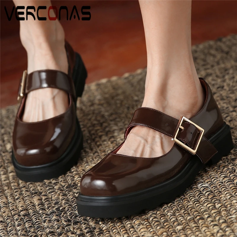 

VERCONAS Retro Concise Round Toe Mary Janes Women Pumps Spring Summer Genuine Leather Low Heel Casual Working Buckle Shoes Woman