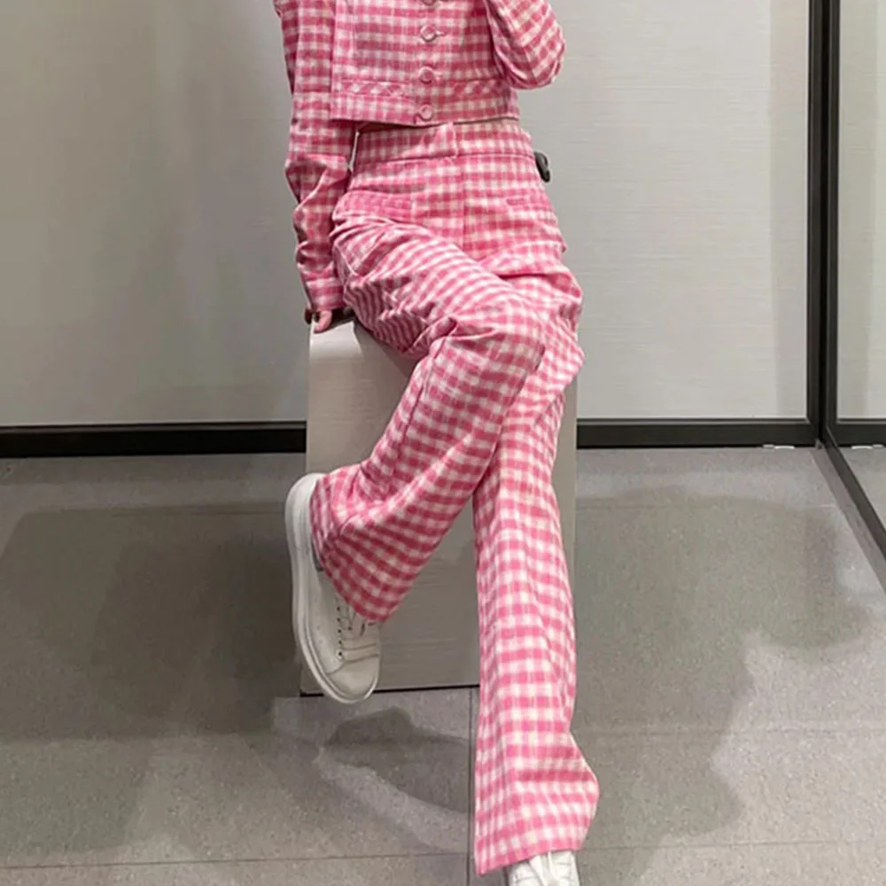 

DiYiG WOMAN Spring and Summer new women's clothing youth sweet high waist Plaid flared pants long casual pants