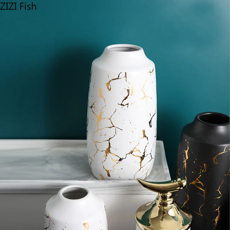 Скандинавская керамическая ваза черная Золотая мраморная текстура вазы для