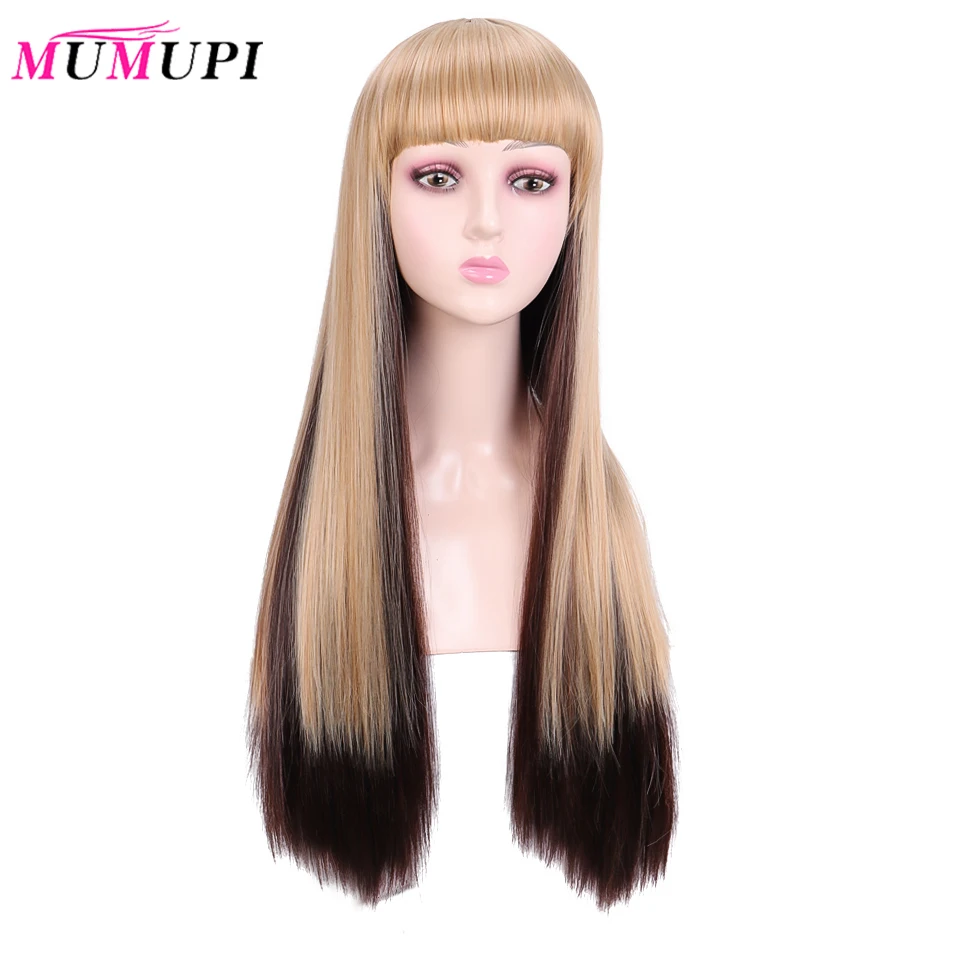 MUMUPI блонд коричневый два тона длинный прямой парик с челкой синтетические волосы