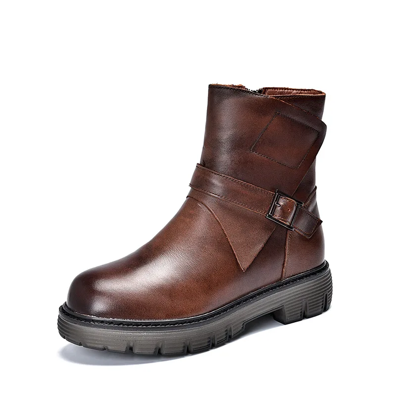 

YourSeason Winter Ladies Genuine Leather Boots 2021 Warm Round Toe Flat With Women Handmade Ankle Platform Zip Plush Shoes