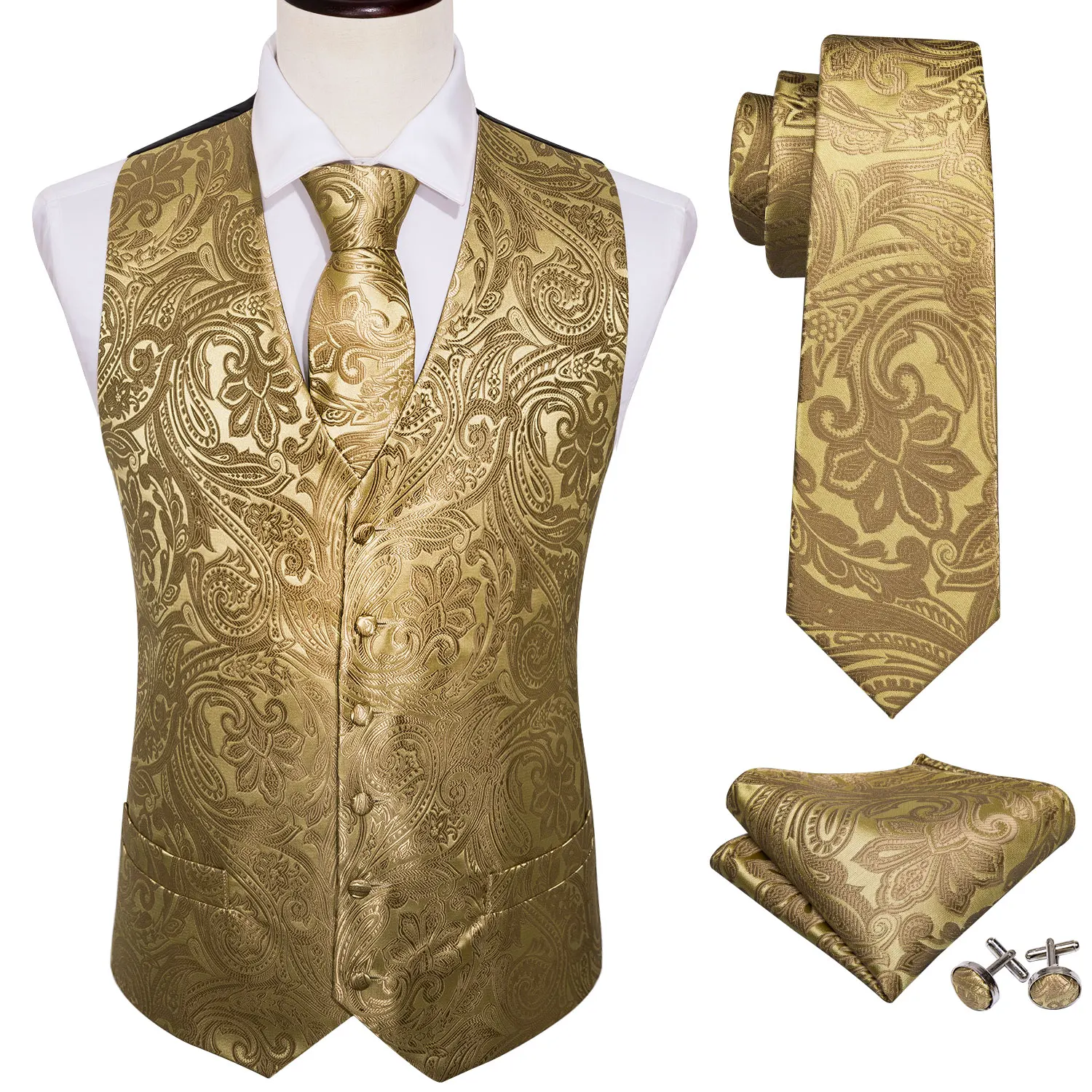 Chaleco Extra de seda para hombre, conjunto de traje de corbata cuadrada de bolsillo, con estampado Floral sólido de Cachemira dorado para fiesta y boda, por 4 BM-2017