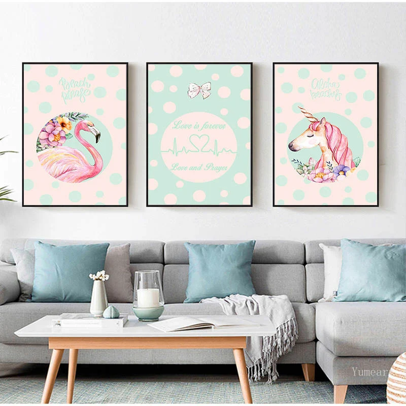 Креативный постер на холсте с изображением единорога фламинго животных