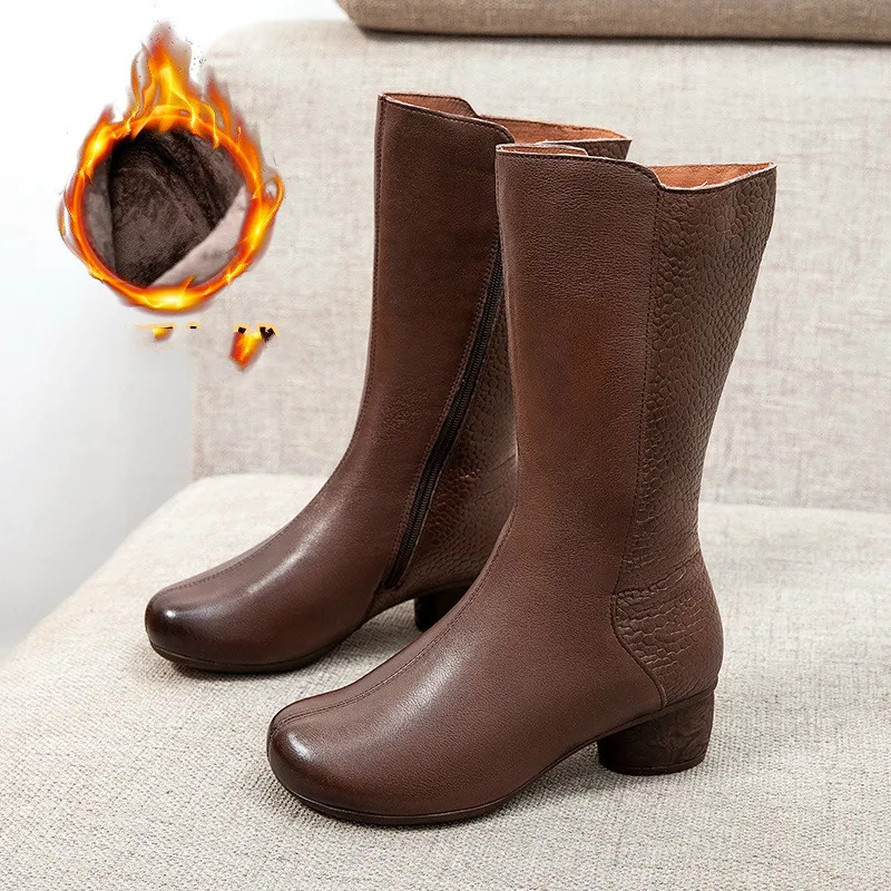 

YourSeason Ladies Genuine Leather Round Toe Boots Sewing Zip 2021 Handmade Fashion Casual Women Warm Winter Shoes