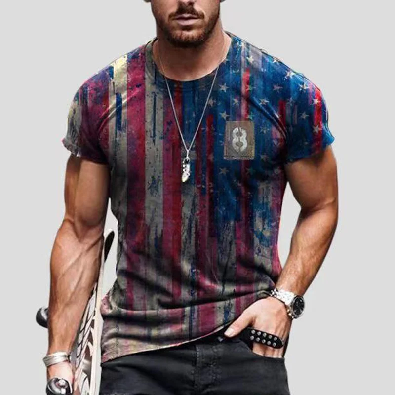 

2021 Summer Flag Print Men's Casual Fashion T-shirt Round Oversize Muscle Streetwear Clothing Man's Tshirt