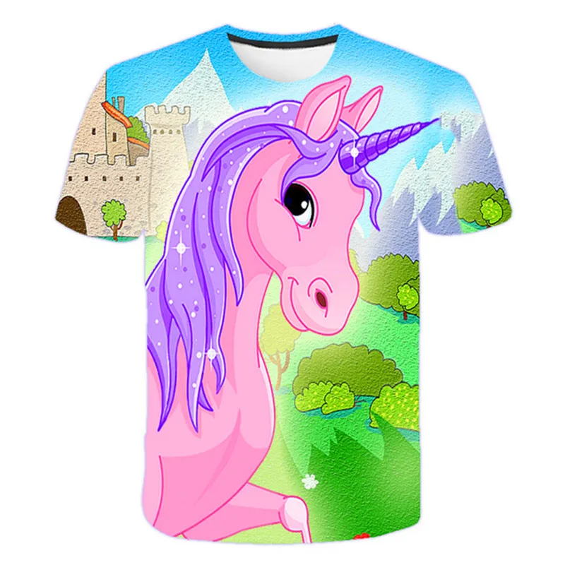 

2022 summer 3D unicorn print T-shirt girly pink girl summer short-sleeved T-shirt casual cartoon unicorn top cute T-shirt 3-14t