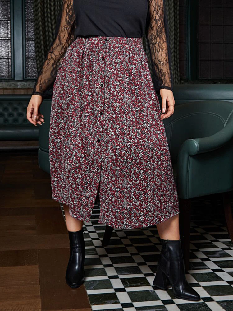 

Women's Big Sizes Floral Pleated Skirt European Style Mid-calf Charming Casual Slit Trend 2021 Female Button Skirts