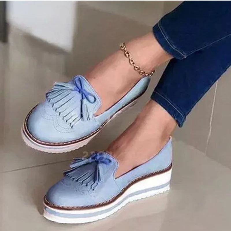 

Women's Tassel Loafers Woman Slip On Sneakers Ladies Soft PU Leather Sewing Platform Thick Bottom Flats Female Shoes New Fashion