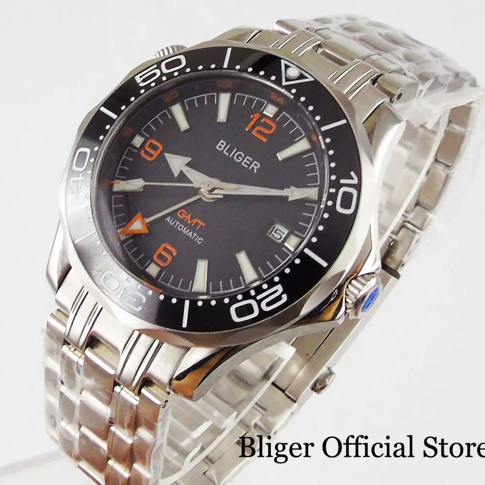 

Мужские часы BLIGER с автоматическим перемещением, Модель t GMT, сапфировое стекло, дата, окно, вращающаяся рамка, стальной ремешок