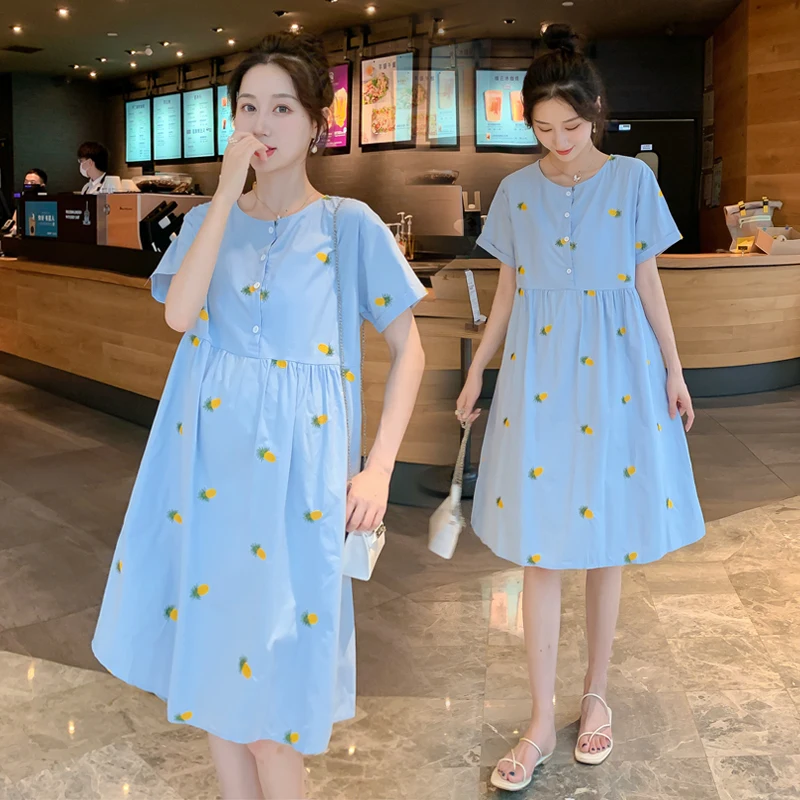 

2021 Fashion Maternity Dress Summer Fresh Pineapple Printed Button Decoration Midi Skirt Casual Loose Mom Dress