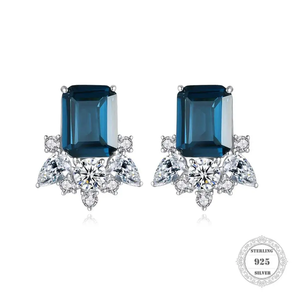 Серьги гвоздики с голубым драгоценным камнем и белым цирконом модные хорошие