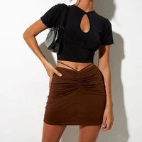 women drawstring wrapped ruched slim stretch pencil skirts 2021 casual high waist mini skirt ladies fashion tie up bottoms black