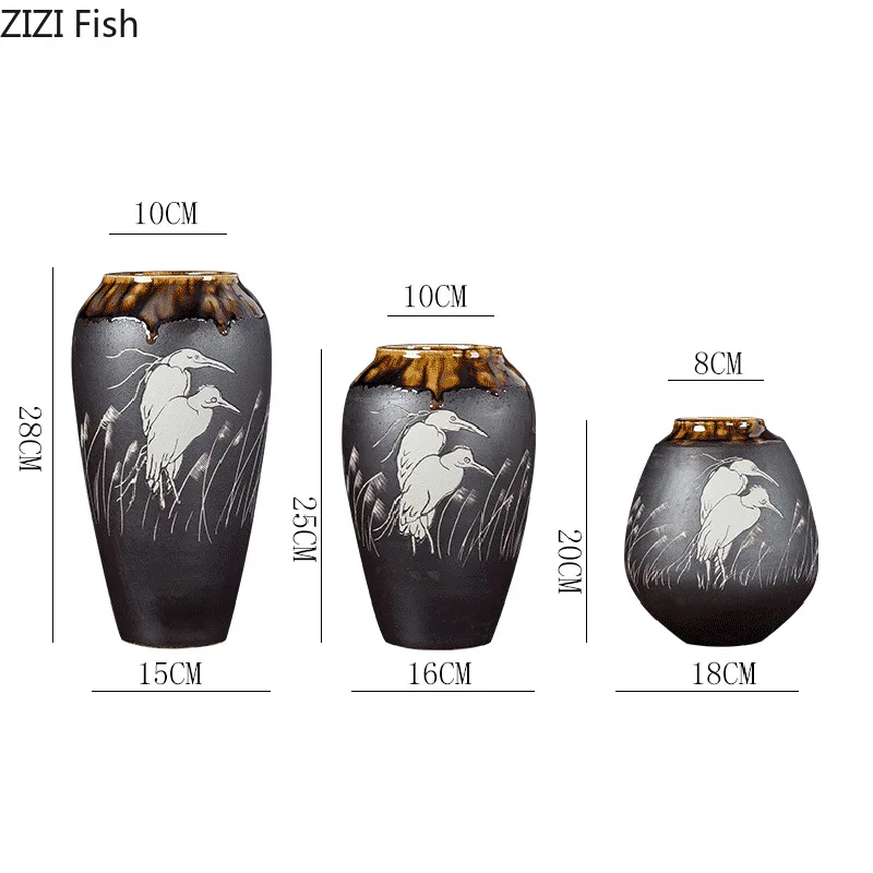 

Classic Ceramics Vases Floor Vase Bird Painting Flower Insert Study Furnishings Black Porcelain Crafts Vintage Home Decor