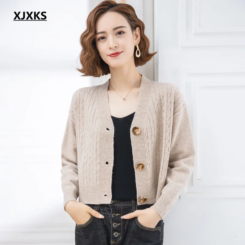 

XJXKS Fashion V-neck Long Sleeve Cardigan Women Sweater Sweater 2021 Autumn Winter New Cashmere Knitted Sweater Women Coat