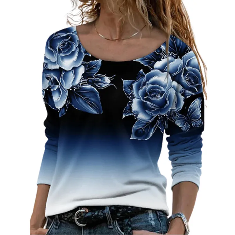 

Женская футболка с длинным рукавом, винтажная Свободная Повседневная футболка с принтом розы, весна-осень 2022