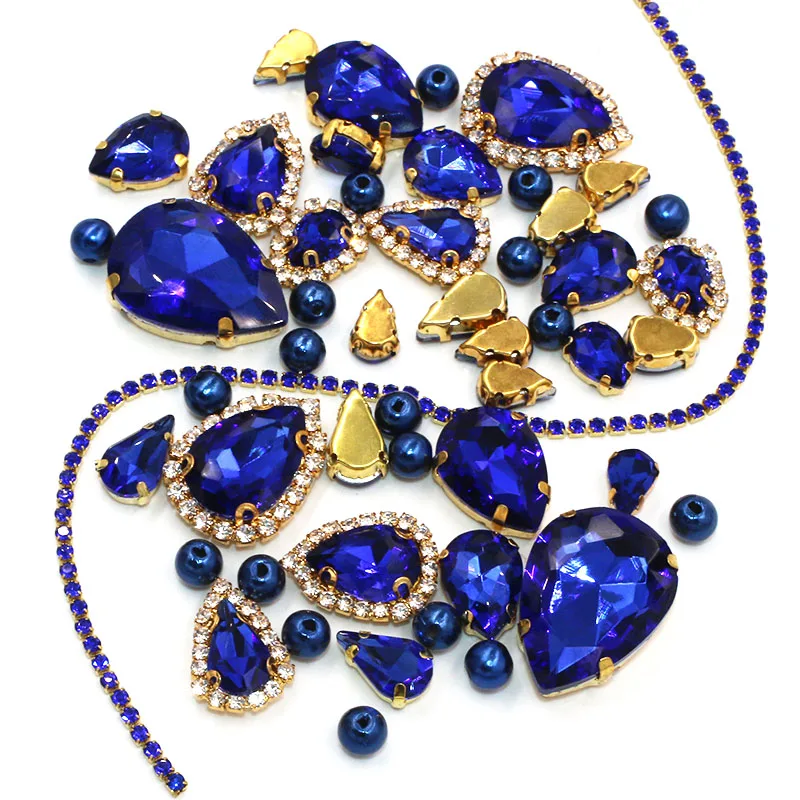 

Wedding Decoration Gold base Royal Blue Mixsize Glass Crystal Stones Pearl Beads Cup Chain Rim Rhinestones Sew On Clothing/Dress