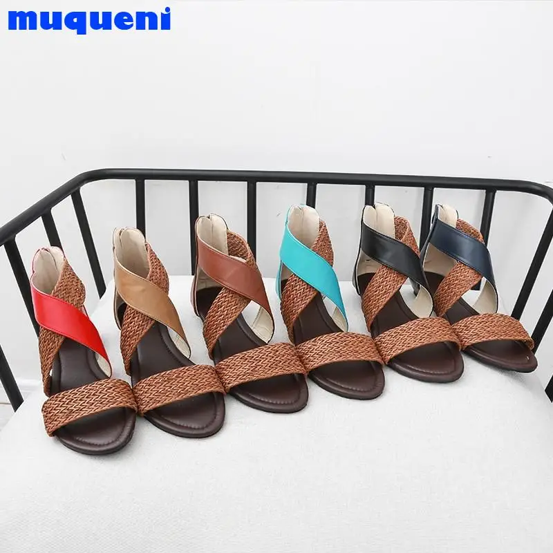 

Women Flat Sandals Sexy Cross Straps Vacation Beach Shoes Woman Low-heeled Open Toe Sandals Rome Sandals Ladies Shoes Size 35-43