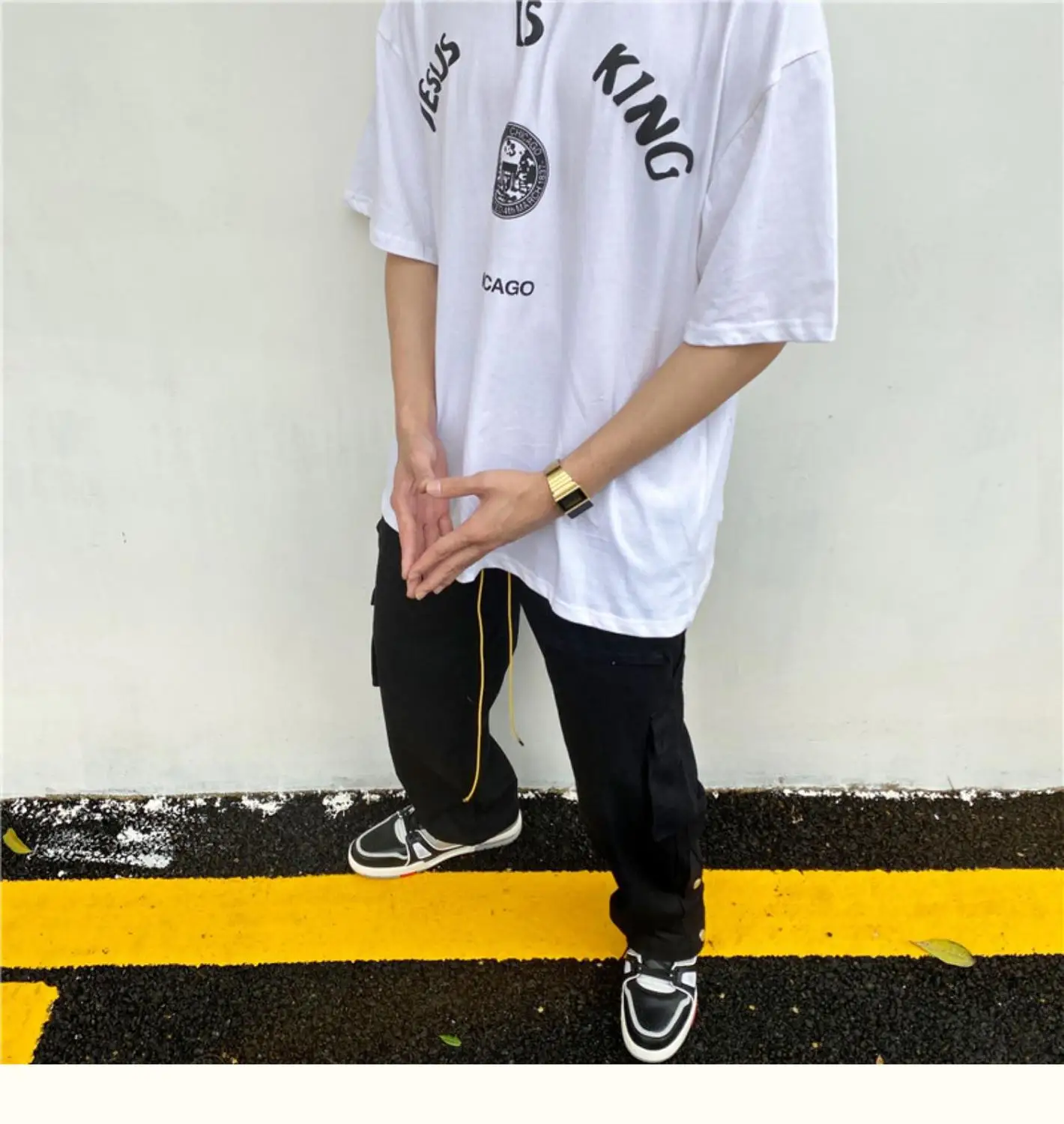 

Kanye High Street Letter Printing Oversize Loose Hip-Hop Rap Small High-Neck Short-Sleeved T-Shirt