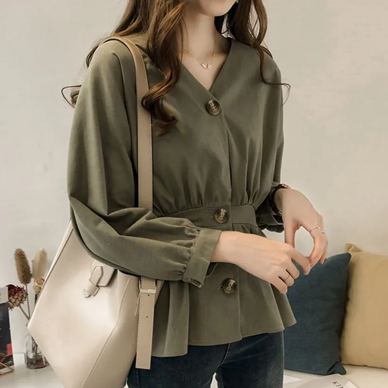 

2020 Autumn Women Full Sleeve Blouses Sexy V Neck Woman Shirt Elegant Casual Slim Button Topsx
