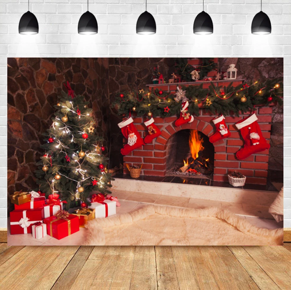 

Laeacco Red Brick Wall Fireplace Fire Christmas Tree Gifts Baby Birthday Backdrop Photographic Photo Background For Photo Studio