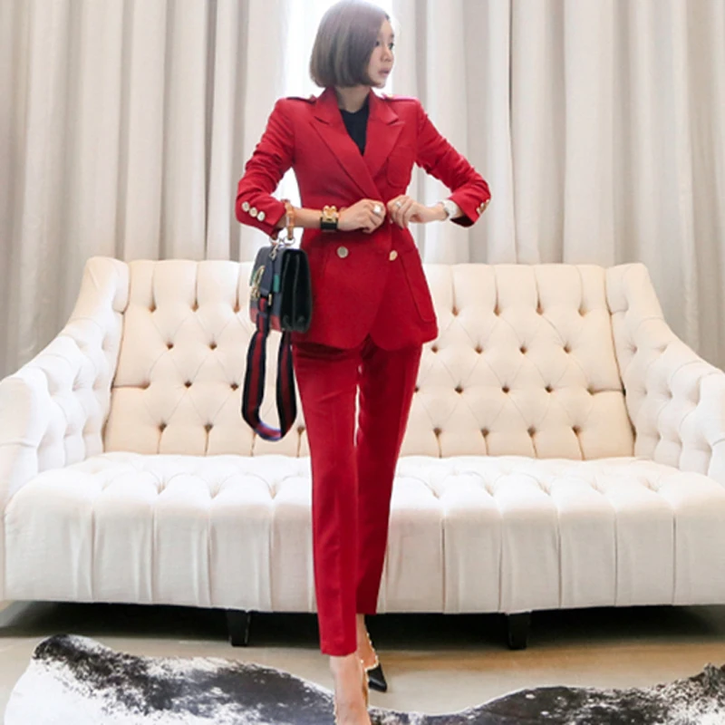 Женский офисный костюм из двух предметов однотонный двубортный пиджак с