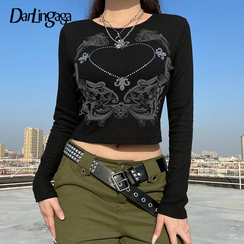 

Darlingaga Grunge Mall Gothic Graphic Print Bodycon Crop Top Female T-shirt Dark Academia Tee Rhinestone 90s Aesthetic T shirts