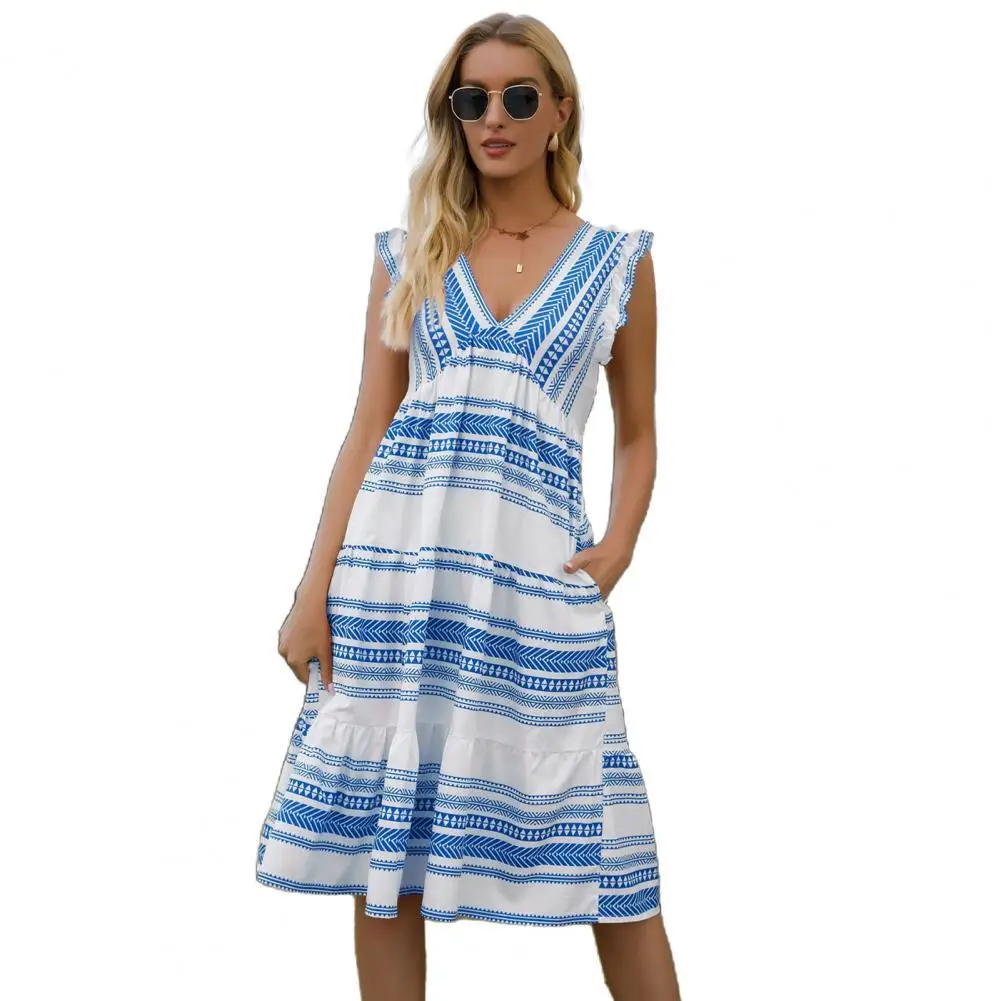 

Women Dress Bohemian Dress Stripe V Neck Sleeveless Ruffles Women Cupcake Dress Stripe Print Ruffles Dress Women Dress Beachwear