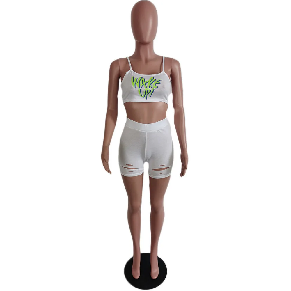 

Active Wear 2 Piece Sets Womens Outfit Spaghetti Strap Letter Print Cami Top Hole Skinny Short Casual Plus Size Beach Tracksuit