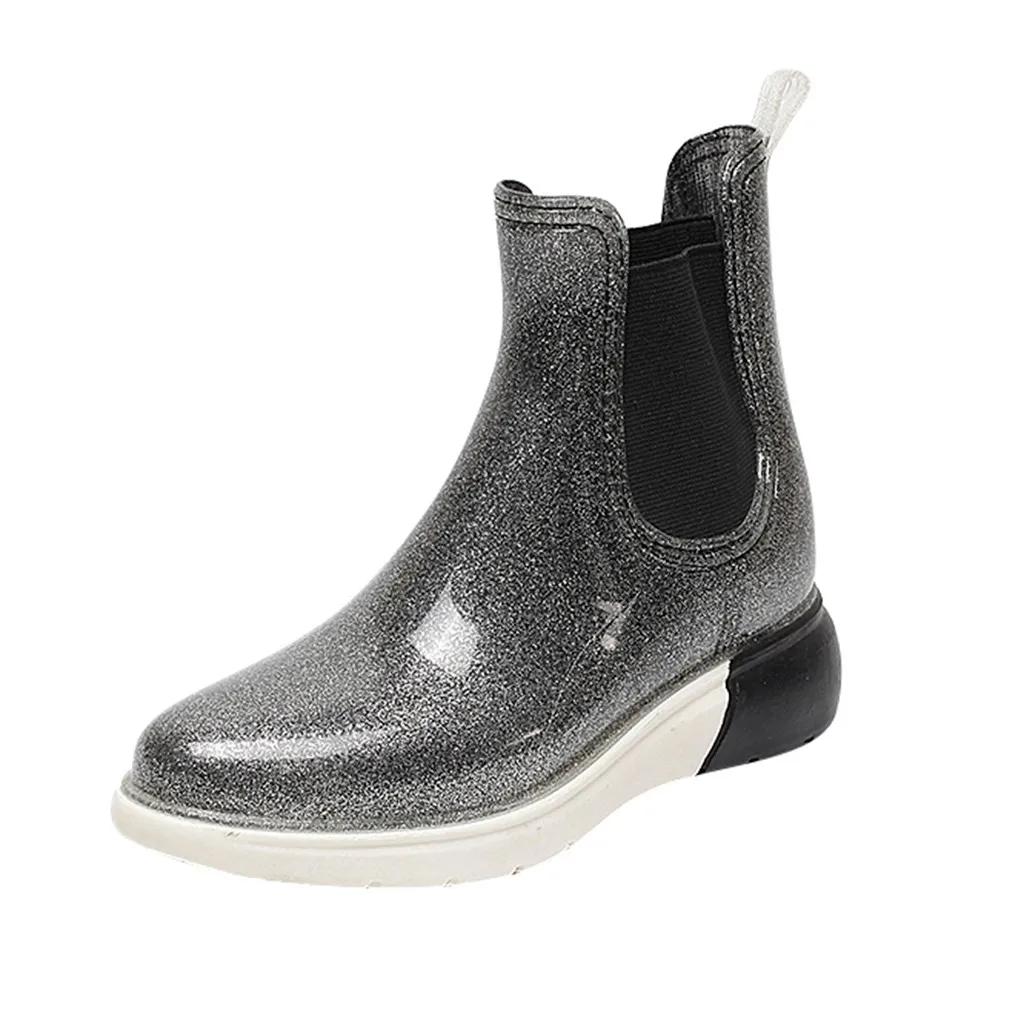 Серый Short Rain Boots for Women Fashion Slip-On Flashing Waterproof booties European Ladies shoes ботинки женские зимние new - Цвет: Серый
