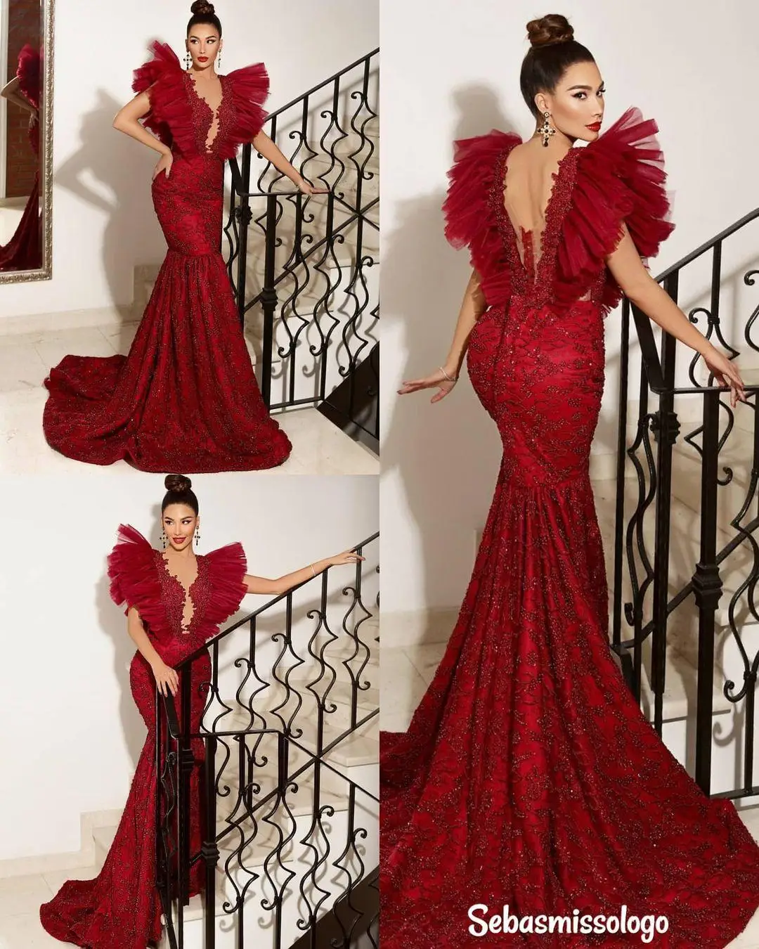 

2021 Arabic Burgundy Mermaid Prom Dresses Luxury Beading Sequined Lace Appliqued Ruffles Women Plus Size Formal Evening Gowns