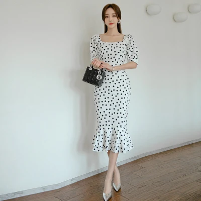 

Women Dot Dresses Elegant Wear to Work Business Mermaid dress Party Office Lady short sleeve Summer Dresses vestidos jk180