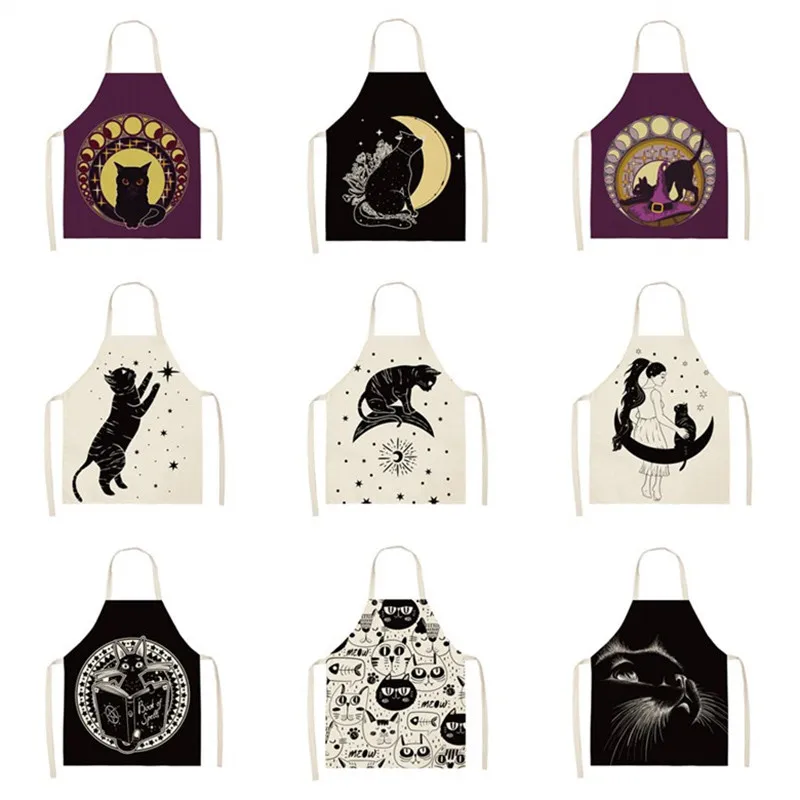 

Black Cute Cat Printed Kitchen Cooking Baking Aprons 66x47cm Sleeveless Cotton Linen for Women Man Home Delantal Cocina