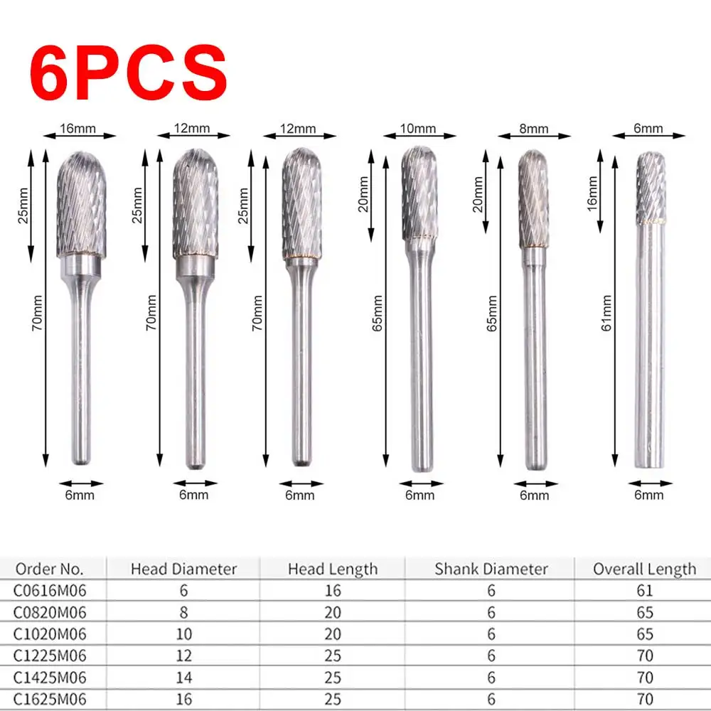 

1/6PCS Rotary File CType Double Slot Hard Metal Rotary Burr Tungsten Steel Rotary Boring Cutter File Tool 6mm-16mm Rotary Cutter