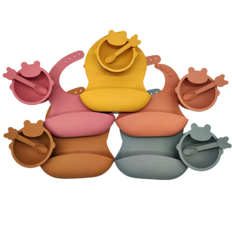 

3 Pcs Baby Silicone Bib Sucker Bowl Spoon Set Training Feeding Food Dinner Plate Dish Utensil Tableware Kit for Newborn 69HE